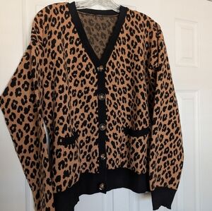 Brown Casual Women's Loose Fit Leopard Print Open Front Cardigan